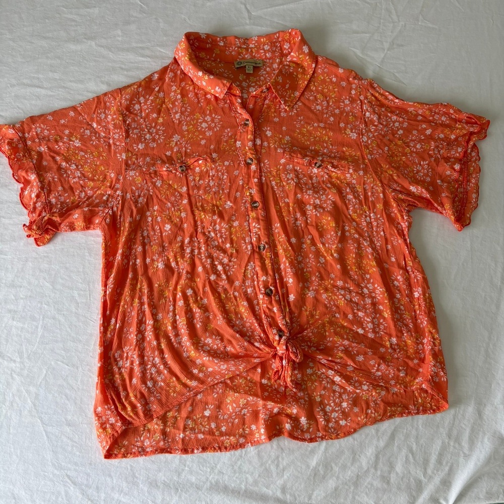 Democracy Orange Floral Tie Front‎ Button Down Shirt XL B0998V9SM